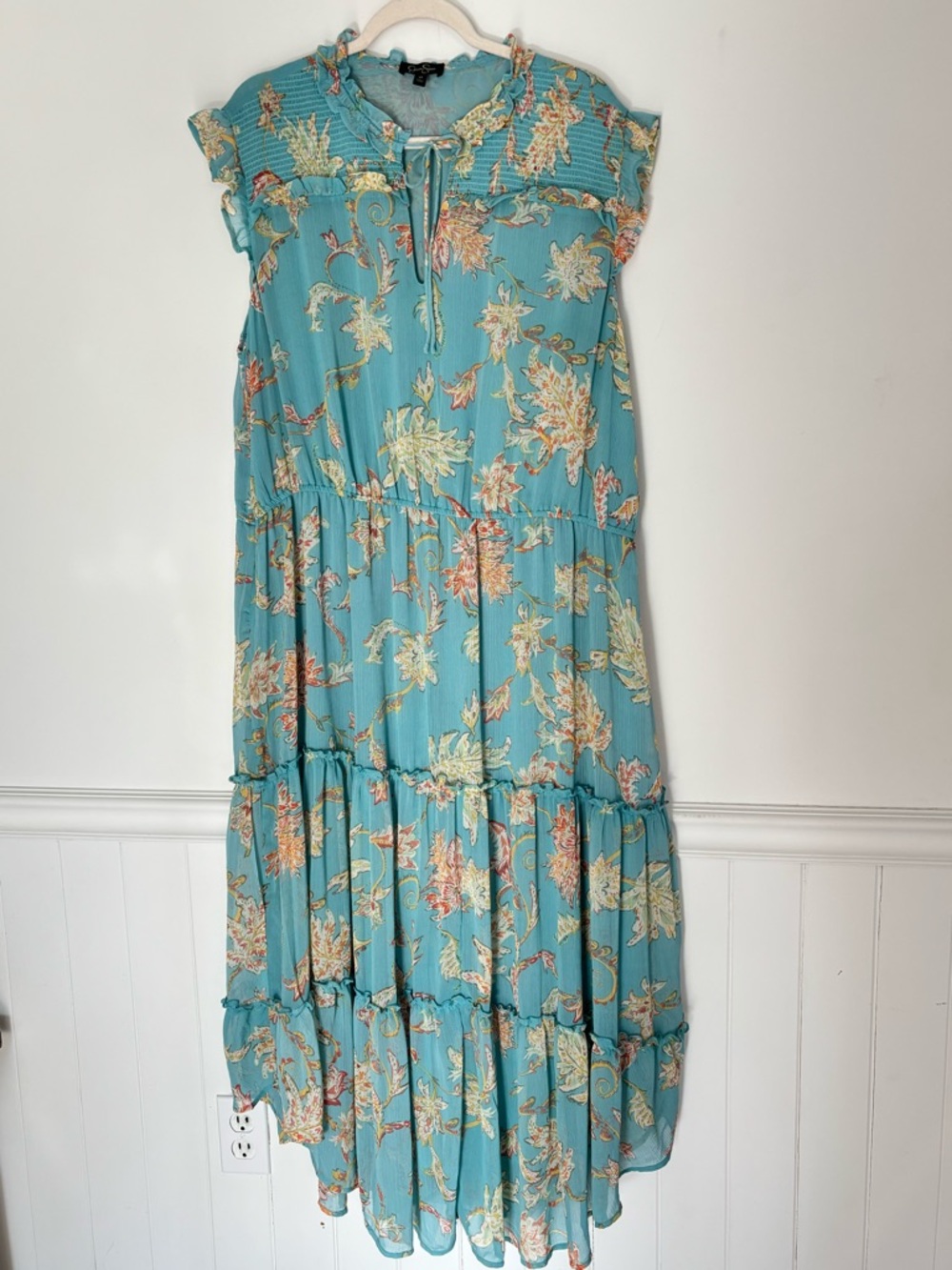 Jessica Simpson Aqua Tiered Smocked Maxi Dress Size 3X Tropical Boho Beach d39